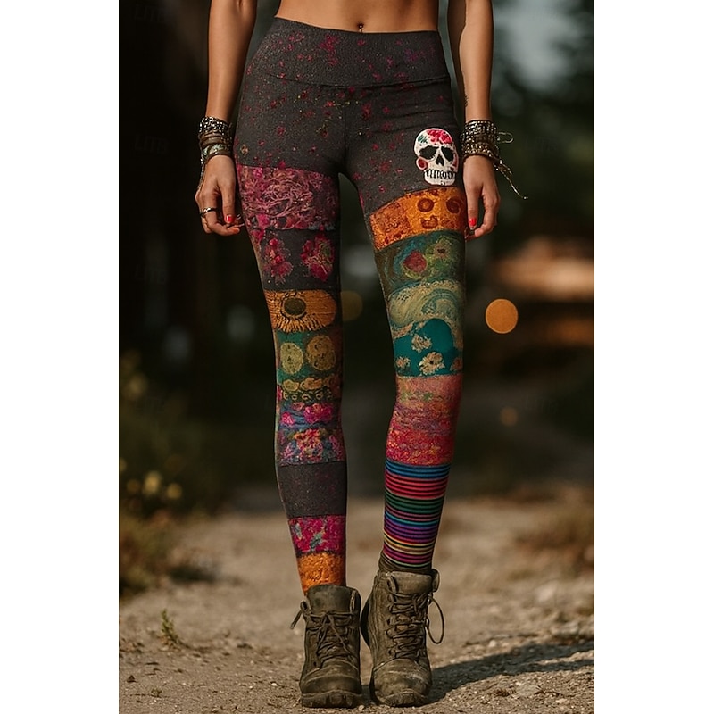 Women's Leggings Vacation Vintage Ethnic Style Full Length High WaistPantsHalloween Graphic Skull Monster Drawstring Patchwork 3D Print Quick Dry Breathability Soft Stretchy Formal Outdoor Vacation