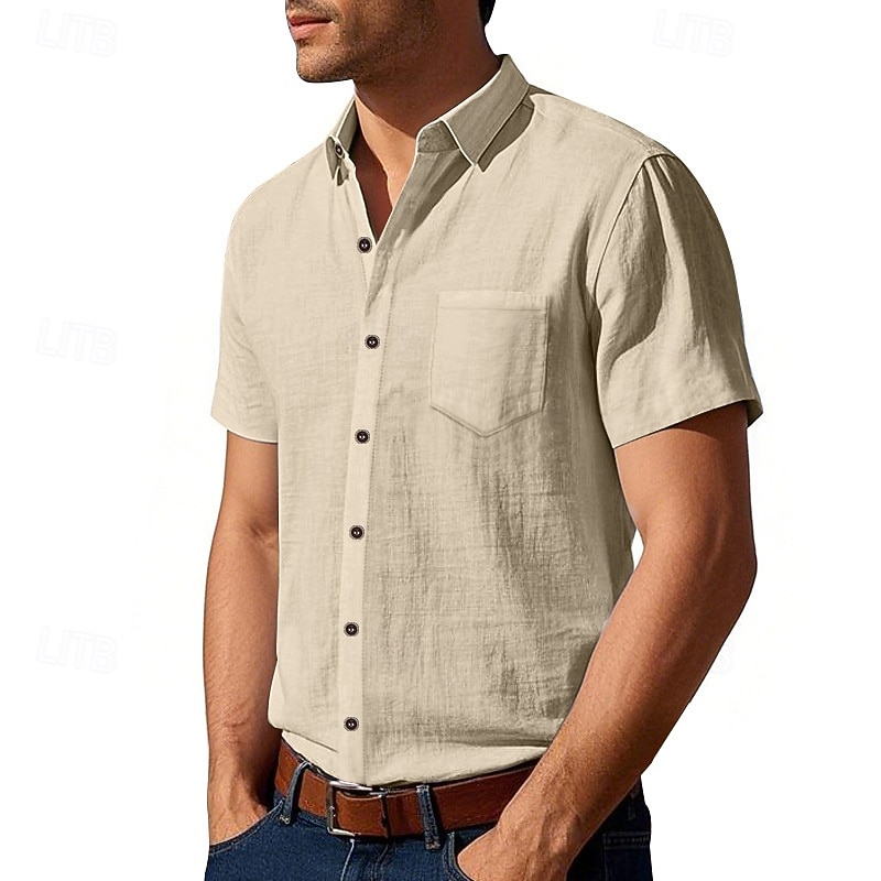 Men's Shirt Linen Shirt Casual Shirt Button Up Shirt Cotton Shirt Plain Vacation Street Black White Khaki Army Green Short Sleeve Turndown Summer Clothing Apparel Pocket