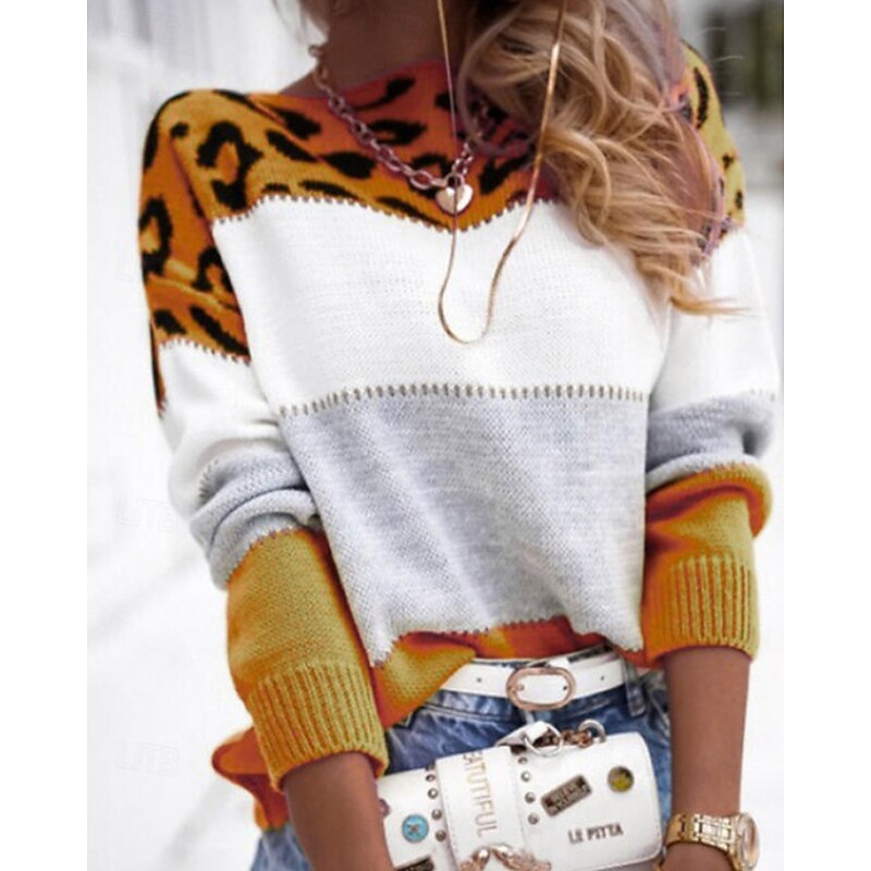 Women's Sweater Pullover Streetwear Casual Leopard Crew Neck Patchwork Knitted Print Long Sleeve Regular Tops Knit Outdoor Holiday Going out Yellow Pink Fall Winter4