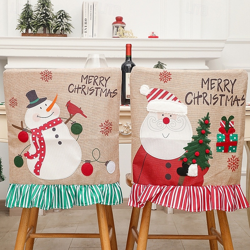 Burlap Christmas Chair Covers, Creative Santa Claus & Snowman Applique with Festive Stripes, Holiday Seat Covers for Dining Room and Home Decoration