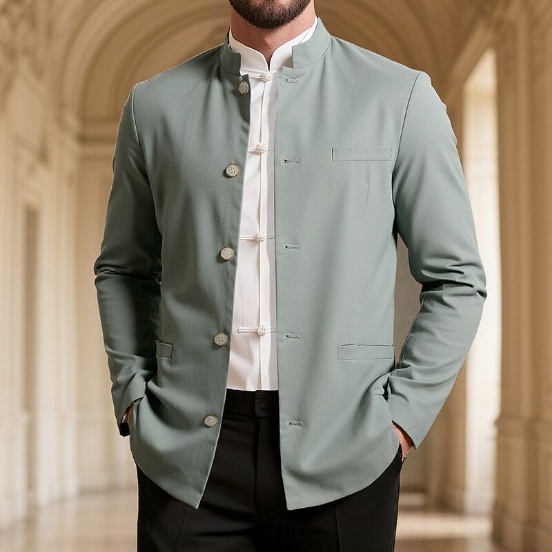 Men's Linen Jacket Formal Home Buttons Minimalist Spring &  Fall Autumn All Seasons Solid Color Active Vintage Shirt Collar Regular Navy Blue Green Khaki Light Blue Jacket