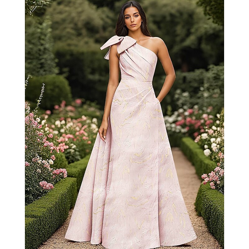 Metallic Marble Jacquard Dress A-Line Evening Gown Elegant Dress Formal Wedding Floor Length Sleeveless One Shoulder Brocade with Bow(s) Pleats Wedding Guest Dress4