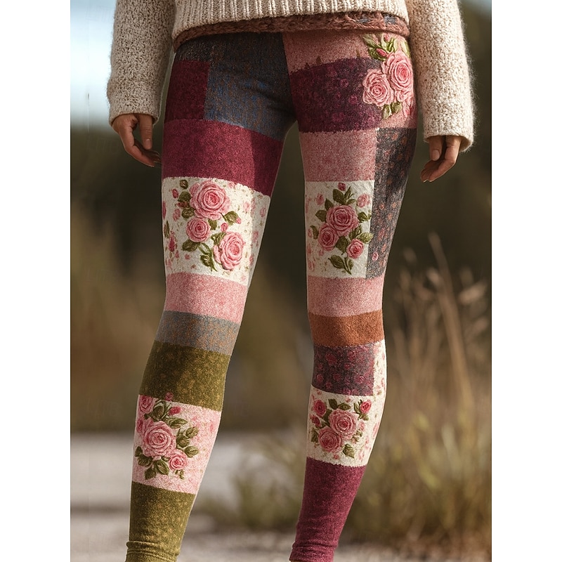 Women's Leggings Vacation Vintage Fashion Full Length High Waist Floral Graphic Printing Thermal Warm Soft Breathable Stretchy Vacation Street Light Pink Violet Pink Dark Pink Spring Fall Winter Slim2
