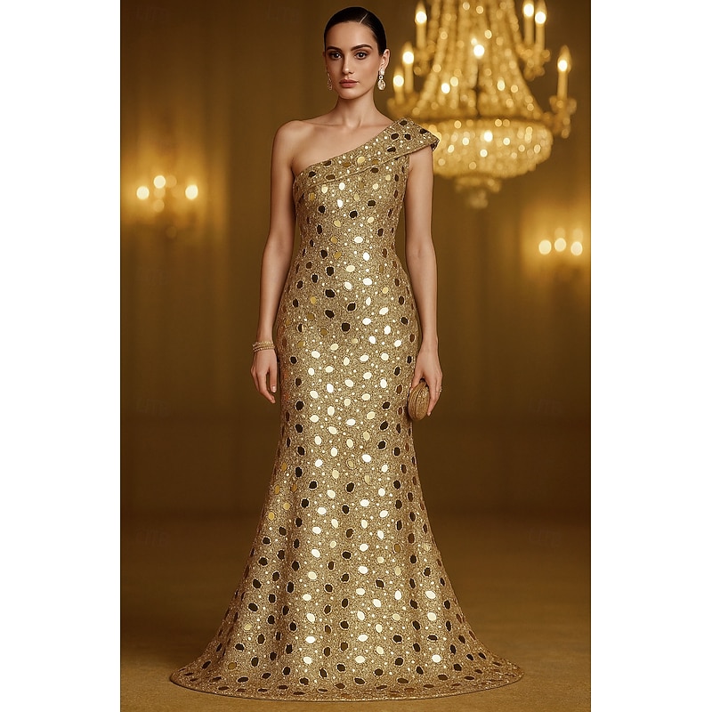 Blue Gold Mermaid / Trumpet Evening Gown Elegant Formal Dress Formal Wedding Floor Length Short Sleeve One Shoulder Pocket Sequined with Glitter Sequin 2025