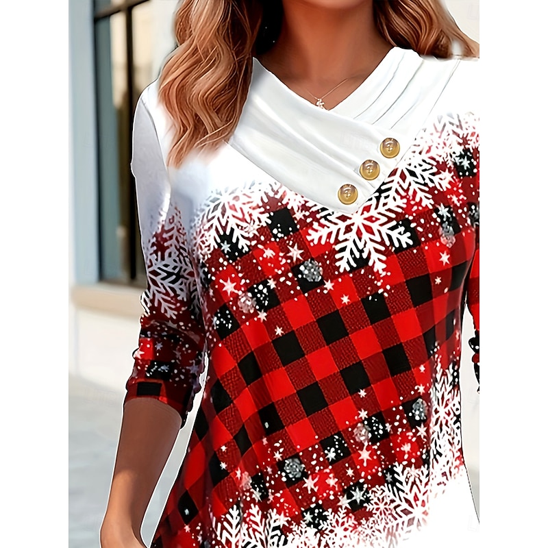 Christmas Women's T Shirt Graphic Plaid Snowflake Vintage Stylish Classic Long Sleeve Crew Neck V Neck Regular Tops Daily Buttons Print Asymmetrical Red Royal Blue Green Fall Winter4