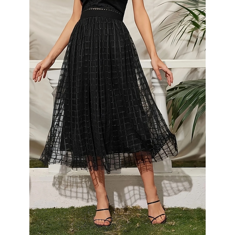 Women's Skirt A Line Fashion Casual Midi High Waist Skirts Plain Pocket Layered Tulle Micro-elastic Street Daily Black Spring Polyester2