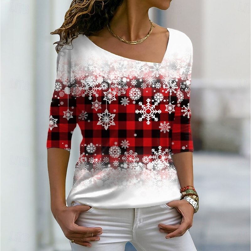 Christmas Women's T Shirt Graphic Snowflake Vintage Stylish Basic Long Sleeve V Neck Off Shoulder Regular Tops Weekend Print Asymmetrical Yellow Red Blue Purple Green Winter Spring, Fall, Winter