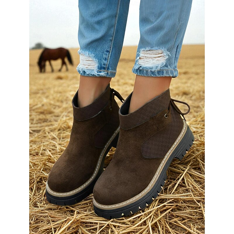 Women's Coffee Faux Suede Ankle Boots with Thick Sole, Casual Farm Style for Autumn and Outdoor Wear