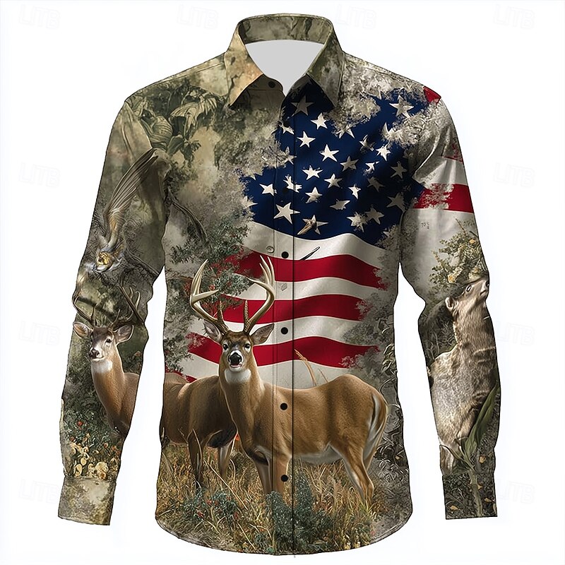 Men's Reindeer Camouflage US Flag Shirt Button Up Shirt Long Sleeve Vintage Retro Outdoor Camping & Hiking Hunting Spring Fall Turndown 3D Print Linen Like Shirt Green 1# Green 2# Green