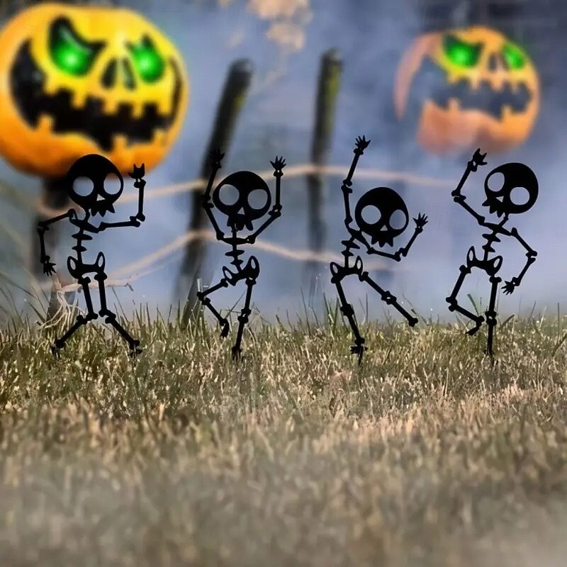 Spooky Dancing Skeleton Garden Stakes - 4pcs Weatherproof Metal Yard Art for Halloween Decor Easy Install Outdoor Lawn Ornaments4