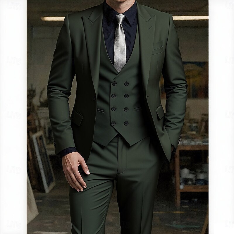 Men's Wedding Casual Business Suits Peaked Lapel Light Khaki Navy Blue Formal Solid Colored Slim Fit 3 Piece Single Breasted One-button4