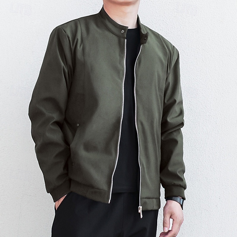 Men's Lightweight Jacket Casual Jacket Vacation Daily Breathable Pocket Spring Fall Plain Fashion Classic Stand Collar Regular Black Army Green Jacket2