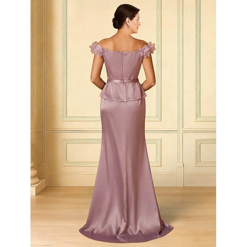 A-Line Mother of the Bride Dress Elegant Off Shoulder Court Train Satin Cap Sleeve with Flower2