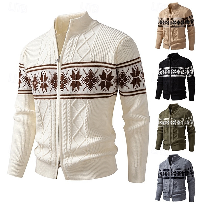Men's Sweater Cardigan Sweater Fair Isle Sweater Ribbed Knit Regular Tops Knitted Plain Stand Collar Vacation Fashion Casual Daily Wear Clothing Apparel Winter Spring &  Fall Black White M L XL