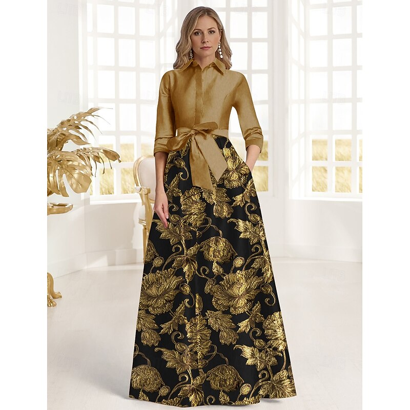 Black and Gold Floral Jacquard A-Line Mother of the Bride Dress Elegant Shirt Collar Floor Length Taffeta 3/4 Length Sleeve with Bow(s)4