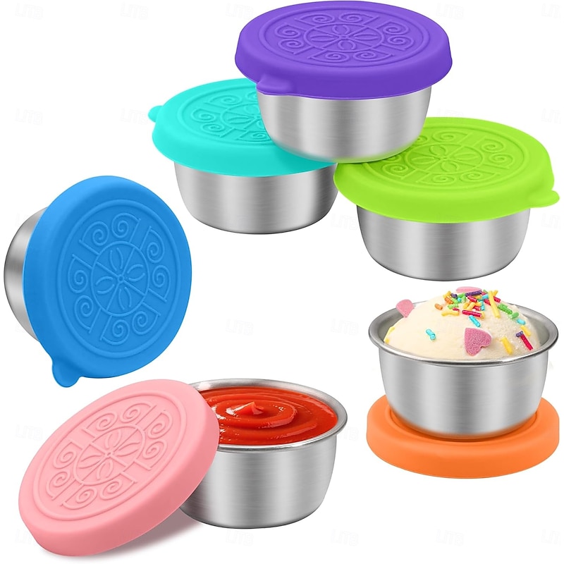 6 Pack Salad Dressing Container to Go, Leakproof Reusable Stainless Steel Small Container with Lid,Sauce Containers for Lunch box,Picnics,Travel,Office and Meal Prep