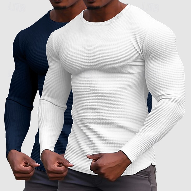 Men's Waffle Shirt T Shirt Tee Top Long Sleeve Shirt Long Sleeve Crew Neck Spring &  Fall All Seasons Plain Fashion Designer Basic 2 Piece Knitted Vacation Street Casual Dark Blue+White Blue / Green2