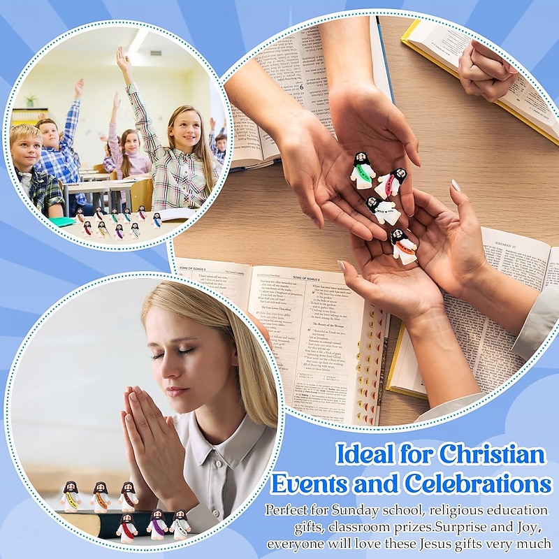 50/100pcs Little Jesus Figures Original Design Jesus Love You Mini Rubber Toys to Hide and Seek Christmas Religious Party Favors Sunday School Baptism Gifts(Fulgent Color)4
