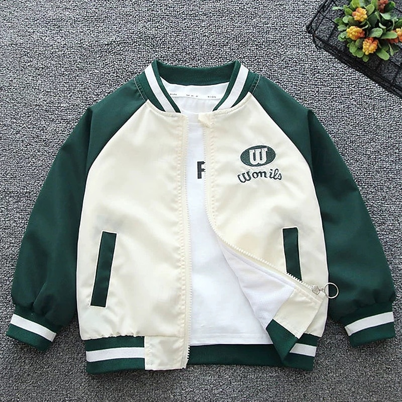 Kids Unisex Baseball Jackets Outerwear Color Block Long Sleeve Zipper Pocket Lightweight Comfort Soft Coat Outdoor Fashion Daily Blue Green Spring Fall 4 years+2