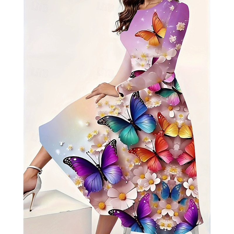 Women's Long Dress Maxi Dress Boho Dress Elegant Vintage Fashion Outdoor Party Daily Regular Fit Graphic Butterfly Long Sleeve Crew Neck Aqua Blue Yellow Pink Blue Spring Autumn3
