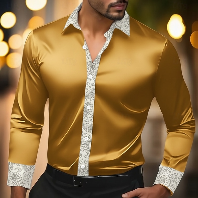 Men's Paisley Floral Print Ethnic Shirt Satin Shirt Dress Shirt Long Sleeve Vintage Retro Vacation Dailywear Summer Spring Fall Turndown 3D Print Button Up Shirts Gold Dark Blue Gray3
