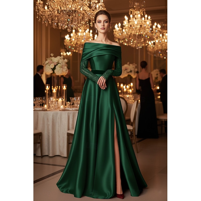 Burgundy A-Line Evening Gown Elegant Formal Dress Formal Wedding Floor Length Long Sleeve Off Shoulder Stretch Satin with Pleats Beading Lace Applique Slit 20254