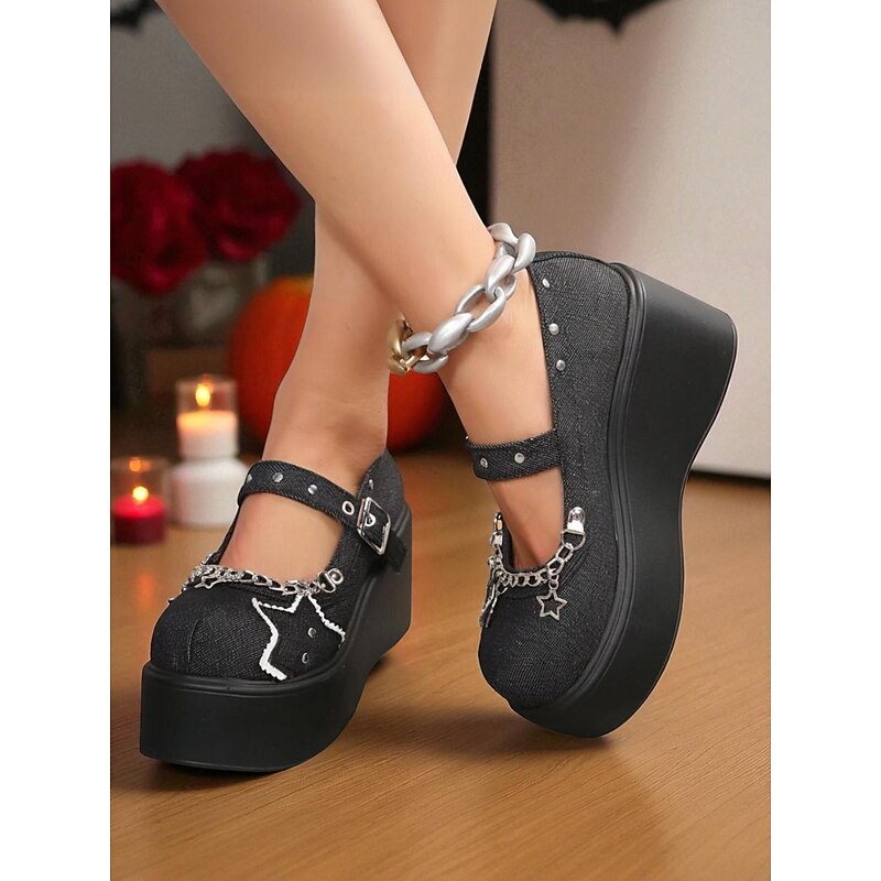 Women's Gothic Platform Mary Jane Shoes – Black Denim Platform Heels with Star Chains and Studded Straps for Halloween Parties and Streetwear Looks