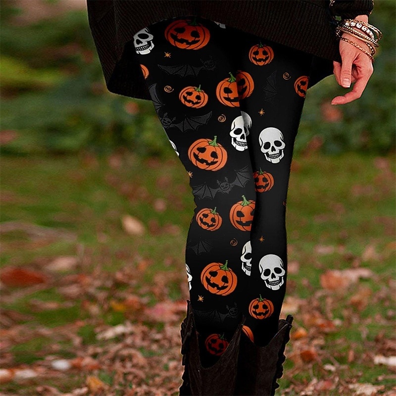 Women's Leggings Cozy Leggings Basic Casual Full Length High WaistPantsHalloween Skull Pumpkin Printing Thermal Warm Comfortable Stretchy Vacation Casual Daily Black Fall Winter Regular Fit