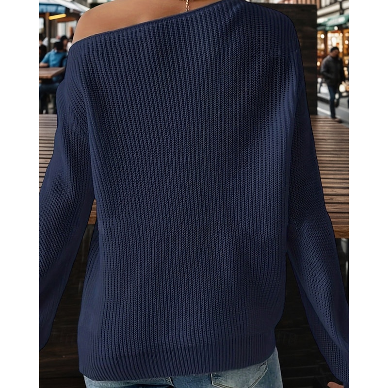 Women's Sweater Pullover Streetwear Casual Solid Color Off Shoulder Knitted Long Sleeve Regular Tops Knit Daily Holiday Going out Black White Fall Winter2