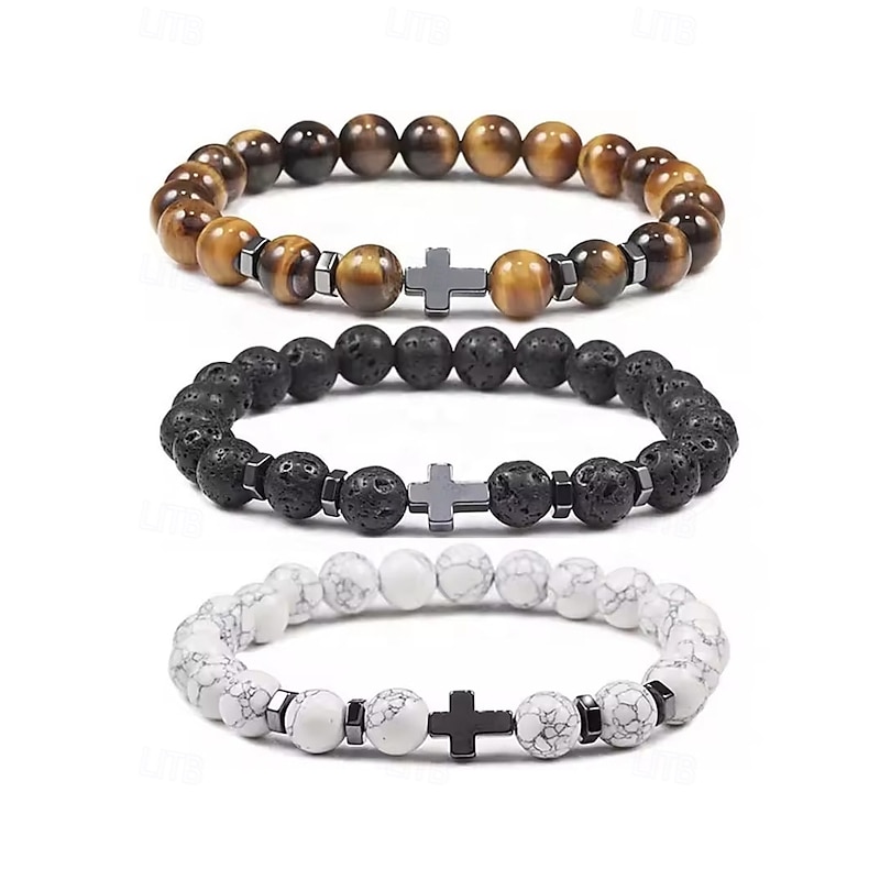 Men's Natural Stone Beaded Bracelet with Cross Charm, Adjustable Stretch Wristband, Spiritual Jewelry for Christmas Gift, Parties and Daily Wear4