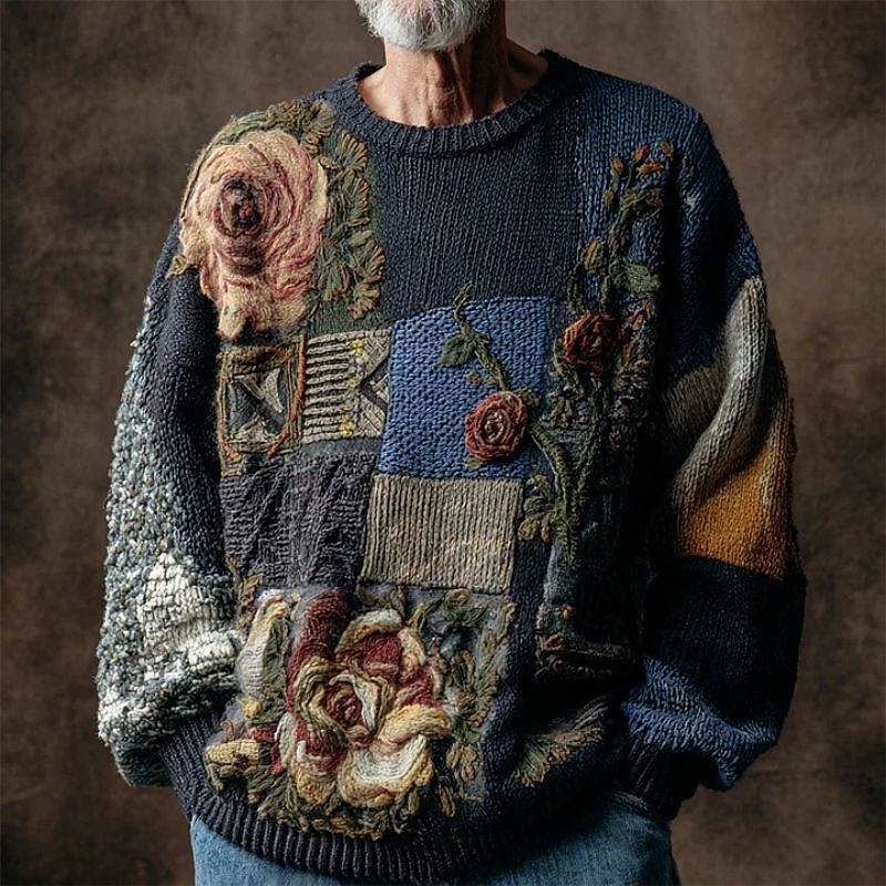 Men's Pullover Sweater Jumper Knit Sweater Ribbed Knit Regular Tops Knitted Print Floral Print Crew Neck Vintage Country Vacation Daily Wear Clothing Apparel Fall Winter Blue S M L
