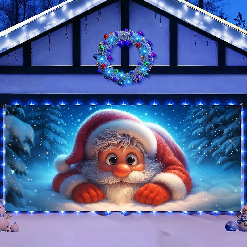 Christmas Outdoor Garage Door Cover Cute Santa Claus Snowy Day Pine Tree Large Tapestry Backdrop Holiday Party Wall Decoration For Outdoor Garage Door Home Christmas Festival Celebration Decor2