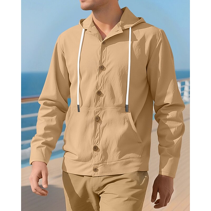 Men's Shirt Summer Shirt Casual Shirt Beach Shirt Button Up Shirt Black White Yellow Navy Blue khaki Long Sleeve Plain Hooded Vacation Hawaiian Drawstring Clothing Apparel Fashion Casual Comfortable4