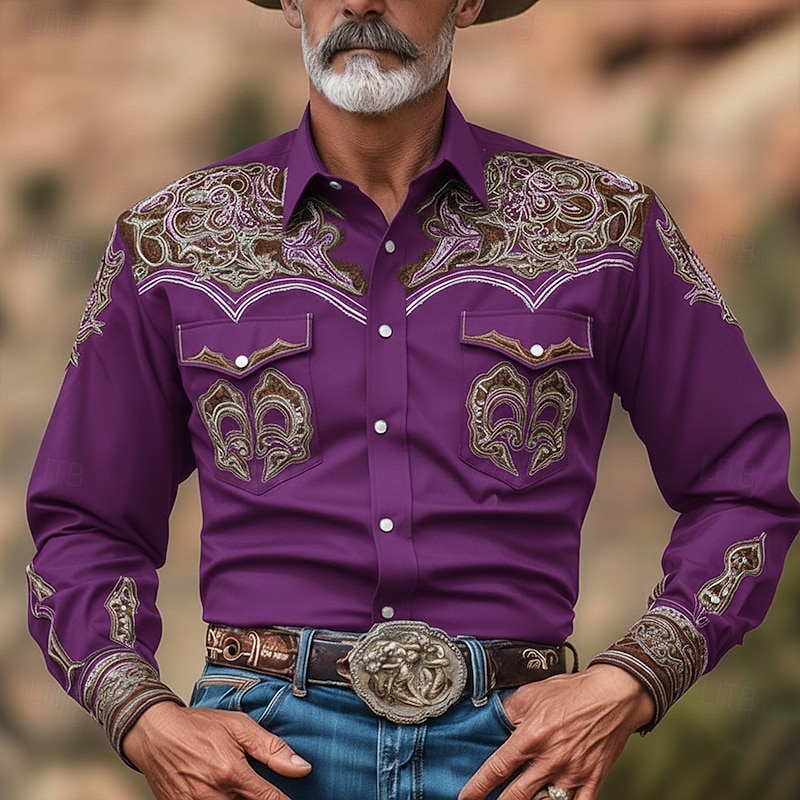 Men's Ethnic Intricate Floral Flowers Shirt Western Shirt Cowboy Shirt Long Sleeve Vintage Retro Outdoor Casual WorkWear Spring Fall Turndown Front Two Pockets Linen Like Shirt Button Up Shirts Black4