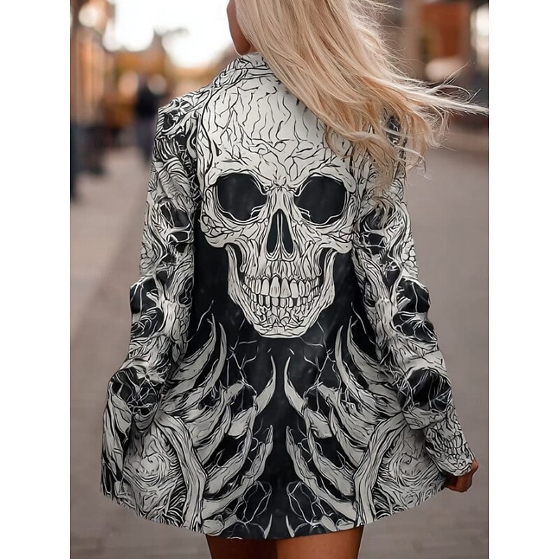Halloween Women's Coat Lightweight Comfortable Skulls Print Vintage Artistic Casual Skull Casual Long Collarless Regular Fit Long Sleeve Outerwear Black Dark Grey Spring Fall