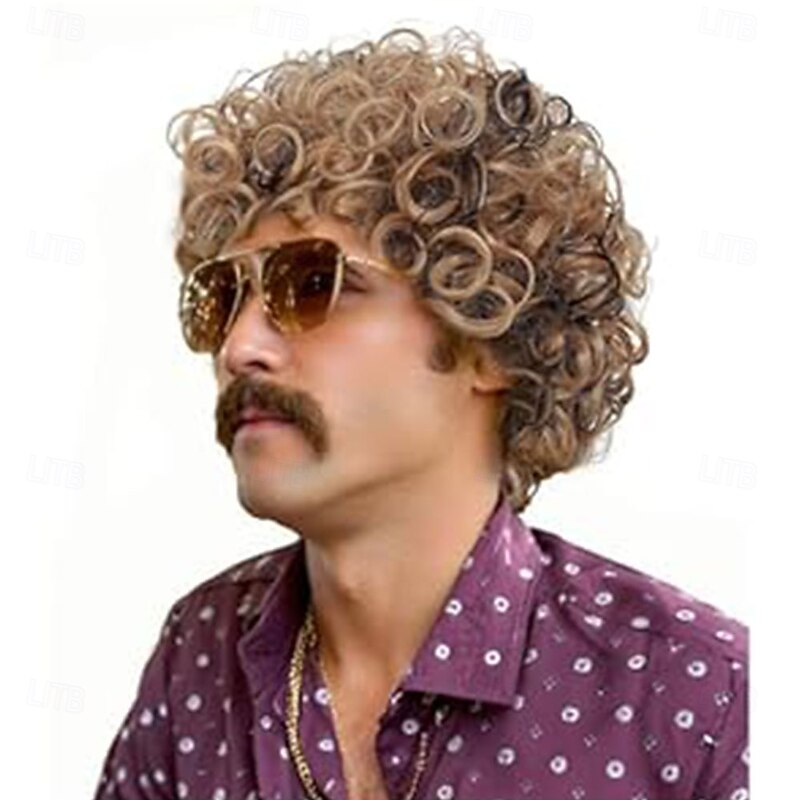 Mens Short Afro WigCurly Disco Wig70s 80s Style Costume Accessory for Men Brown Mixed Color