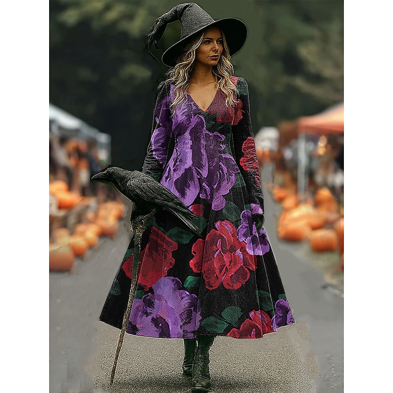Women's Maxi Dress A Line Dress Vacation Casual Daily Holiday Date Regular Fit Floral Graphic Long Sleeve V Neck Blue Purple Orange Fall Winter