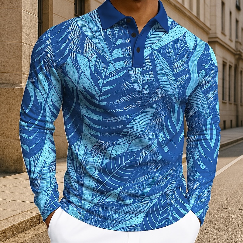 Men's Plants Leaves Polo Long Sleeve Polo Shirts Lapel Casual Athleisure Daily Wear 3D Print Buttons Spring Fall Winter Blue Green Gray
