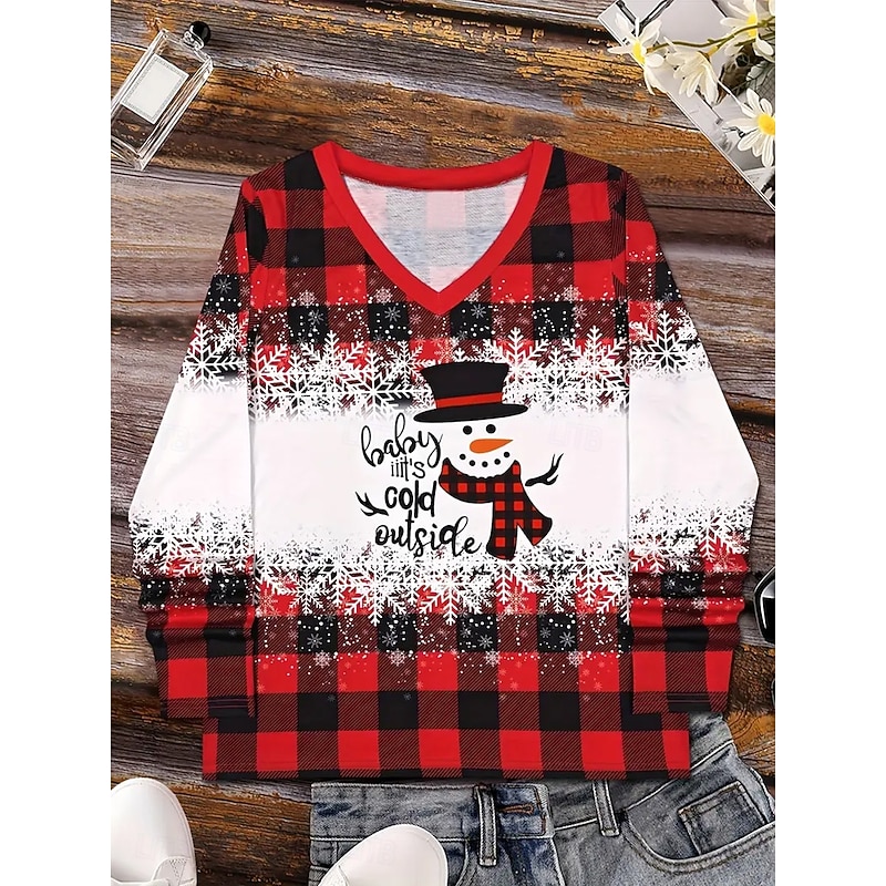 Christmas Women's T Shirt Graphic Snowman Vintage Stylish Casual Long Sleeve V Neck Regular Tops Daily Print Red Spring Fall Winter3