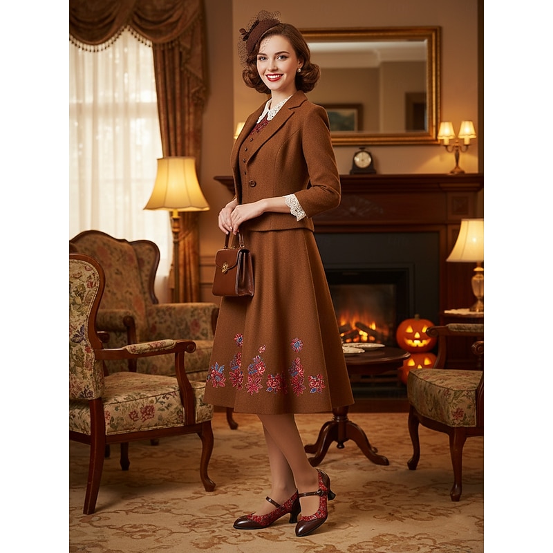 Women's 1950s Vintage Red Jacquard Mary Jane Heels - Retro Mid Heel Dress Shoes with Floral Brocade Pattern and Button Strap for Gatsby Parties, Formal Events and Daily Styling3