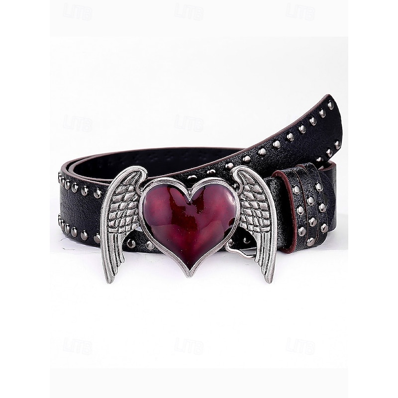 Women's Halloween Gothic Leather Belt with Winged Heart Buckle – Punk Rock Studded Waist Accessory for Parties and Cosplay3