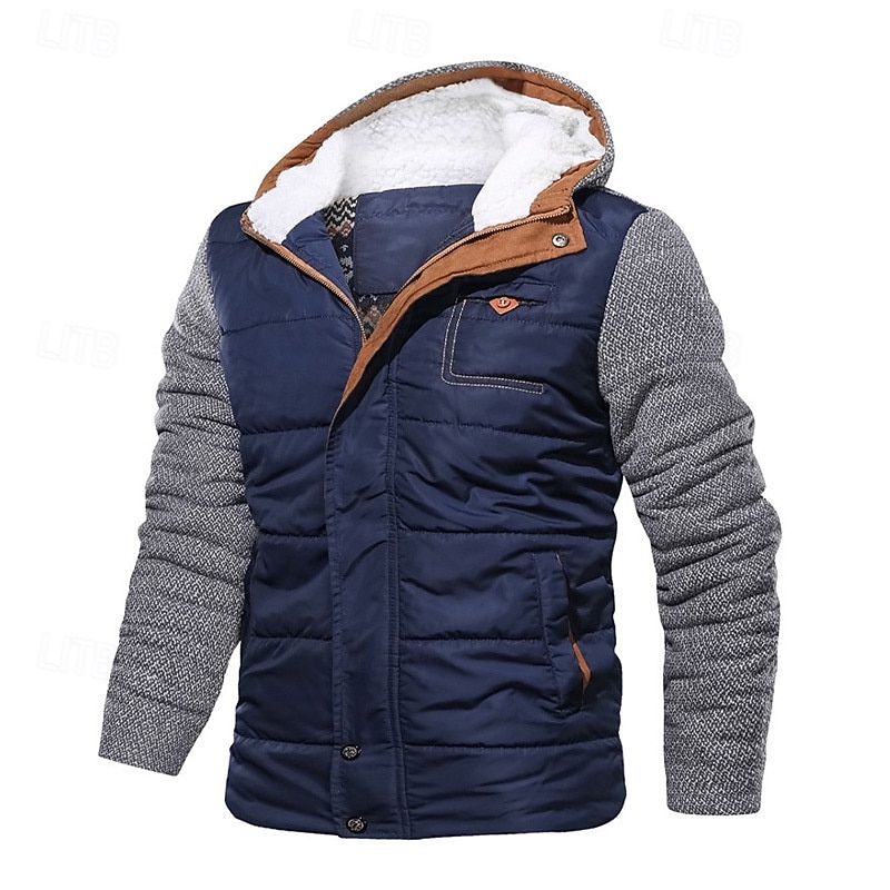 Men's Winter Jacket Fleece Jacket Casual Jacket Vacation Daily Thermal Warm Pocket Fleece Fall Winter Color Block Fashion Streetwear Hooded Regular Black Blue Jacket