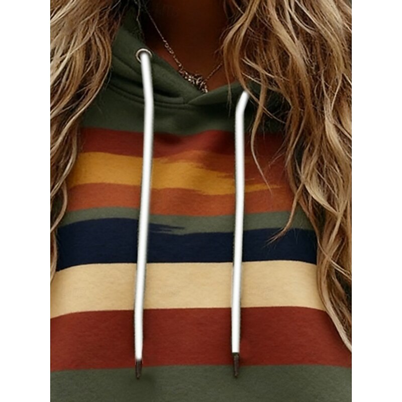 Women's Pullover Hoodies Striped Fashion Streetwear Casual Long Sleeve Hooded Regular Tops Dailywear Casual Sports Drawstring Pocket Print Green Spring Fall3