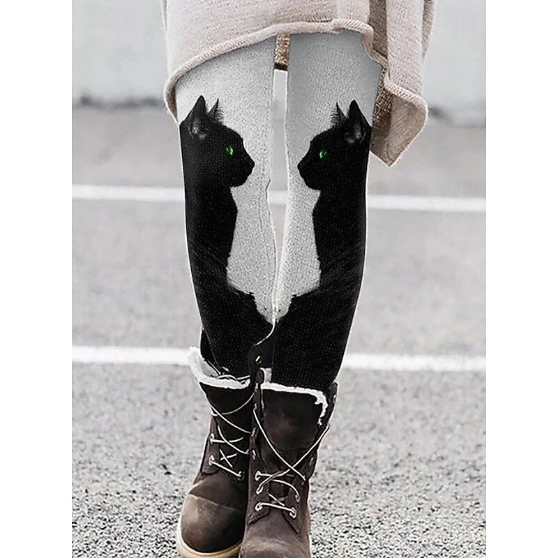 Women's Leggings Vacation Vintage Fashion Full Length High Waist Graphic Cat Printing Thermal Warm Soft Breathable Stretchy Outdoor Vacation Street dark brown Dark Gray Grey Black Fall Winter Skinny4