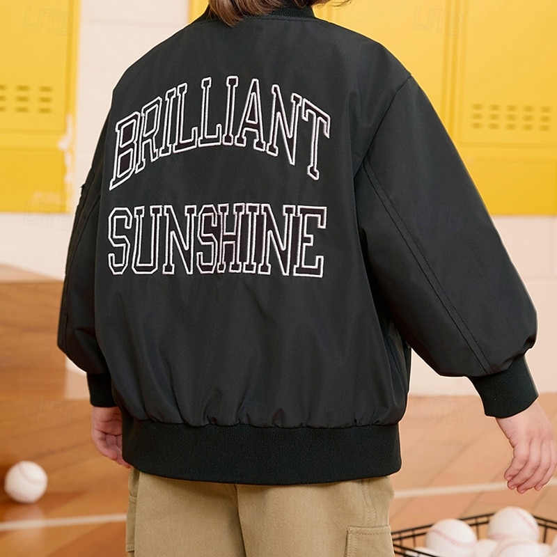 Kids Unisex Baseball Jackets Outerwear Letter Long Sleeve Zipper Pocket Comfort Soft Coat Outdoor Fashion Daily Black Green Spring Fall 4 years+3