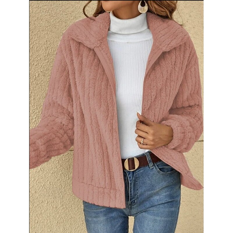 Women's Winter Coat Comfortable Breathable Textured Casual Plain Office Street Casual Daily Wear Zipper Short Turndown Regular Fit Long Sleeve Outerwear Black Pink Blue Spring Fall3