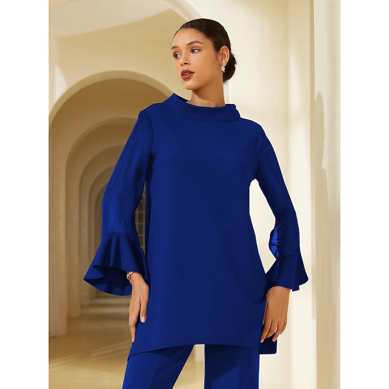 Women's Royal Blue Solid Chiffon Tencel Roma Patchwork Ruffle Three Quarter Sleeve Stand Collar Blouse3