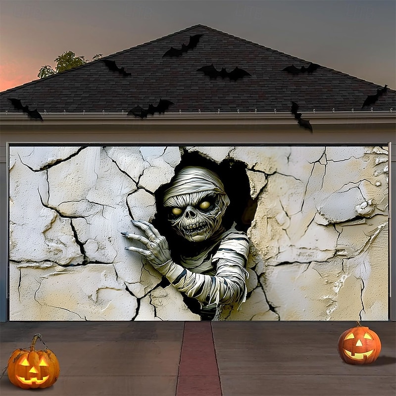 Halloween Garage Door Cover 3D Cracked Wall Mummy with Glowing Eyes Banner Haunted House Horror Scene Spooky Backdrop Tapestry for Outdoor Wall Fence Yard Halloween Party Decoration