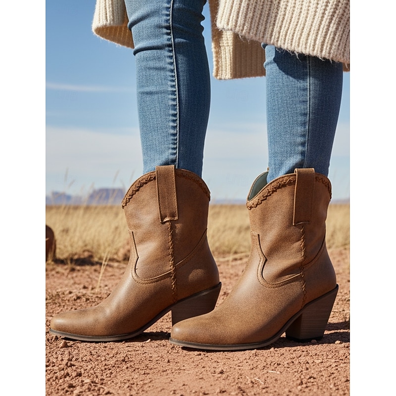 Men's Vintage Brown Faux Leather Ankle Western Boots - Distressed Finish with Braided Details, Comfortable Block Heel for Casual and Outdoor Wear