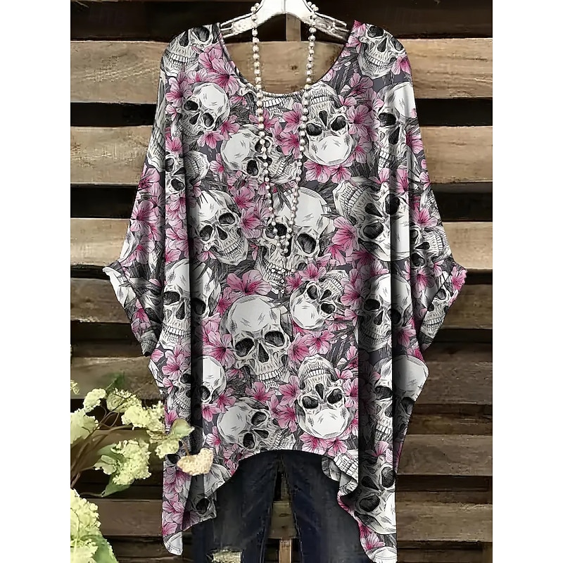 Halloween Women's Blouse Graphic Skull Vintage Daily Casual Half Sleeve Batwing Sleeve Crew Neck Long Tops Daily Holiday Black White Pink Red Purple Spring Fall2